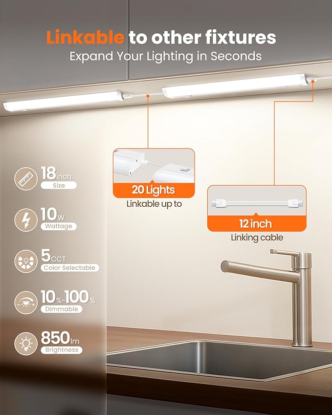 ALUSSO 18 Inch LED Under Cabinet Lighting Hardwired & Plug in 120V, 5CCT Color Selectable 2700K-5000K Dimmable 10W 850LM High Brightness, Strip Linkable Under Counter Lights for Kitchen Sink, 1 Pack