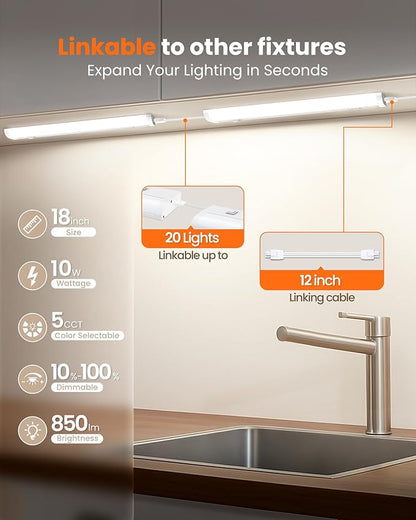 ALUSSO 18 Inch LED Under Cabinet Lighting Hardwired & Plug in 120V, 5CCT Color Selectable 2700K-5000K Dimmable 10W 850LM High Brightness, Strip Linkable Under Counter Lights for Kitchen Sink, 1 Pack