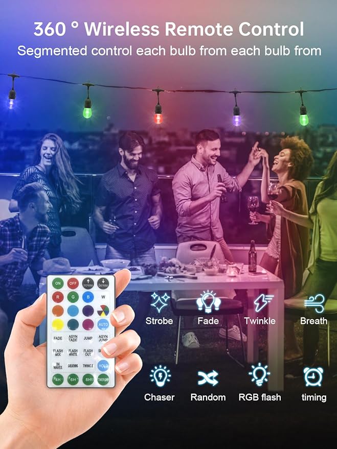 Commercial Grade 48FT LED Outdoor String Lights with Remote Control - 15 Shatterproof Bulbs Waterproof Color Changing Christmas Lights, Dimmable for Patio, Garden, Wedding Decor