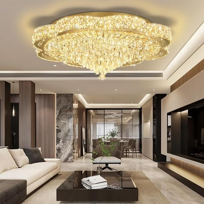 Modern Crystal Chandelier for Living Room 32in Gold Crystal Raindrop Ceiling Light for Room Bedroom LED Dimmable 3000-6000K