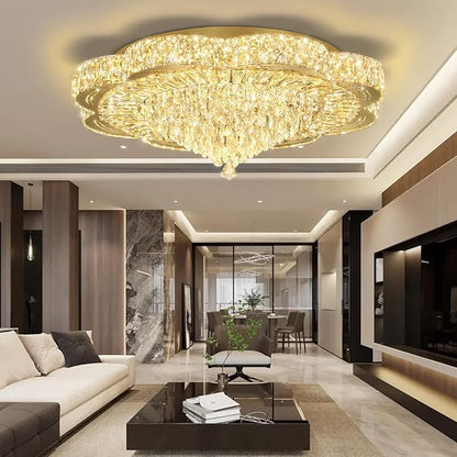 Modern Crystal Chandelier for Living Room 32in Gold Crystal Raindrop Ceiling Light for Room Bedroom LED Dimmable 3000-6000K