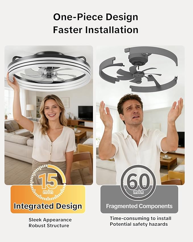AIKVSXER Ceiling Fan with Light,20" Flush Mount Ceiling Fan,6 Speeds,3000-6500K Dimmable LED, App & Remote Control, Quiet DC Motor, for Bedroom, Living Room Modern Ceiling Fans with Lights(Black)