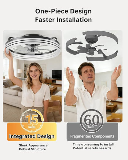 AIKVSXER Ceiling Fan with Light,20" Flush Mount Ceiling Fan,6 Speeds,3000-6500K Dimmable LED, App & Remote Control, Quiet DC Motor, for Bedroom, Living Room Modern Ceiling Fans with Lights(Black)