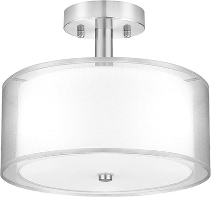 FOLKSMATE Silver Semi Flush Mount Ceiling Light Fixture, 3-Light Drum Light with Double Fabric Shade, Modern Close to Ceiling Lamp for Living Room, Bedroom, Dining Room, Kitchen, Hallway, Entry, Foyer