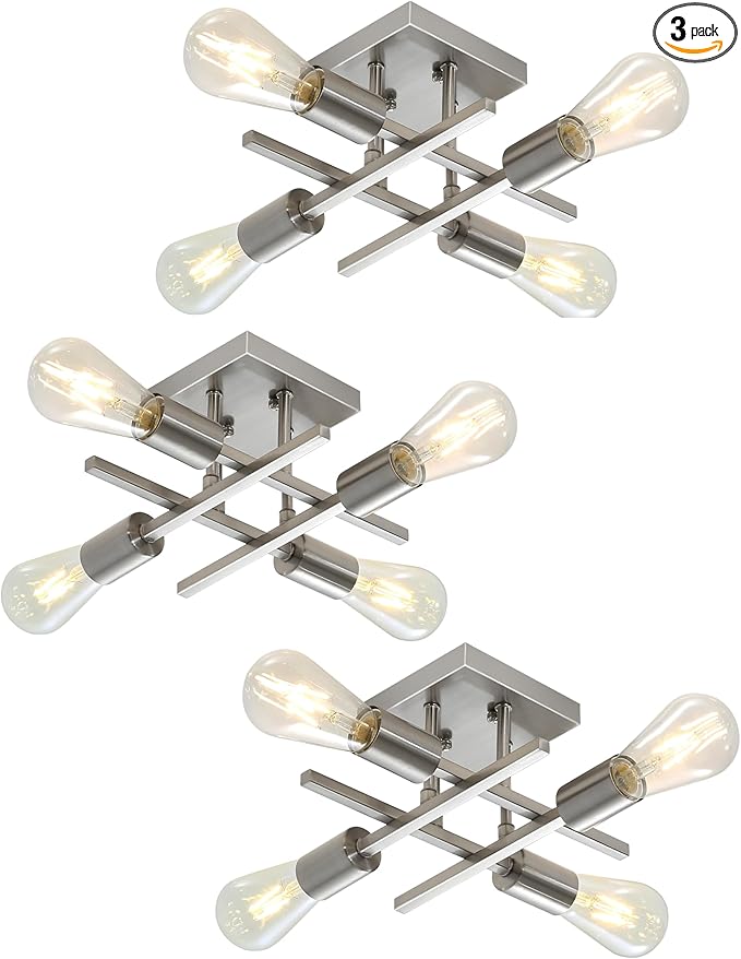 Industrial 4-Light Semi Flush Mount Ceiling Light Fixture, Modern Brushed Nickel Chandelier Lighting, Farmhouse E26 Base Sputnik Ceiling Lamp, 3 Pack
