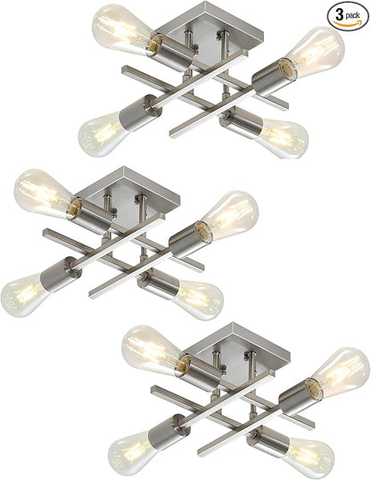 Industrial 4-Light Semi Flush Mount Ceiling Light Fixture, Modern Brushed Nickel Chandelier Lighting, Farmhouse E26 Base Sputnik Ceiling Lamp, 3 Pack