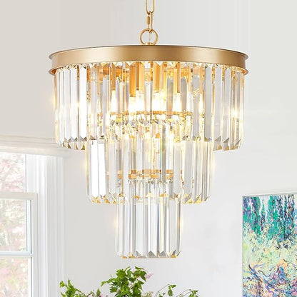 CATINER Gold Crystal Chandeliers 16" Modern 6-Light Small Pendant Light Luxury 3 Tiers K9 Crystal Ceiling Pendant Round Light Fixture for Dining Room Entryway Kitchen Bedroom Closet