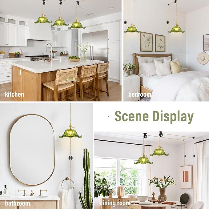 Plug in Pendant Light Vintage 2 Pack, Adjustable Pulley Hanging Lamp with Green Lily Glass Shade, Brass Hanging Lights with Plug in Cord for Kitchen, Compatible with Indoor Plant Grow Light Bulbs
