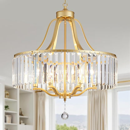 6-Light Crystal Gold Chandeliers for Dining Room 22 Inch Modern Farmhouse Chandelier Large Pendant Lighting Fixture Round Hanging Lamp for Living Room Kitchen Island Hallway Bedroom Foyer Hall