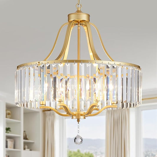 6-Light Crystal Gold Chandeliers for Dining Room 22 Inch Modern Farmhouse Chandelier Large Pendant Lighting Fixture Round Hanging Lamp for Living Room Kitchen Island Hallway Bedroom Foyer Hall