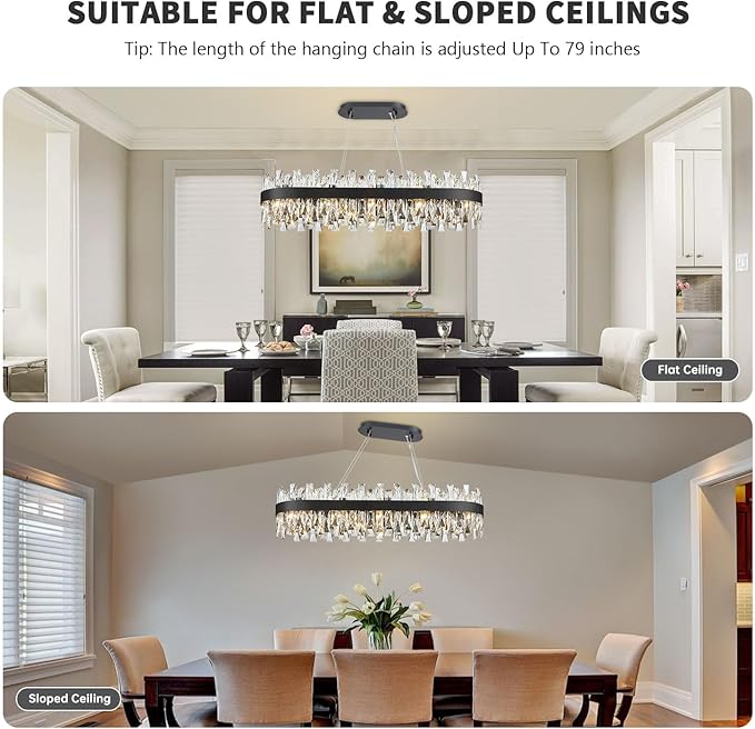 Modern Black Crystal Chandelier for Dining Room, Rectangle K9 Crystal Raindrop Chandelier Lights, Contemporary Ceiling Hanging Light Fixtures for Kitchen Island Dining Room, Length 35.4 inches