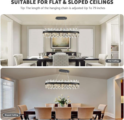 Modern Black Crystal Chandelier for Dining Room, Rectangle K9 Crystal Raindrop Chandelier Lights, Contemporary Ceiling Hanging Light Fixtures for Kitchen Island Dining Room, Length 35.4 inches