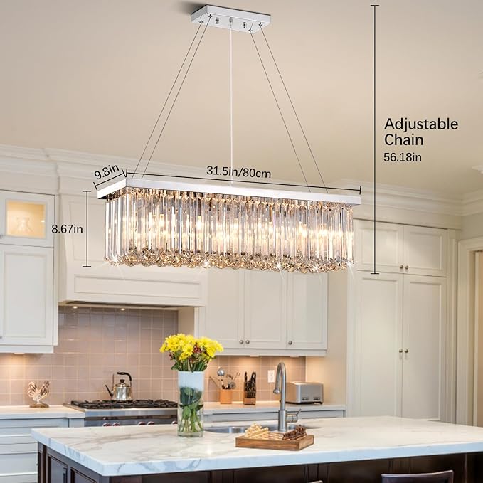 Modern Silver Rectangular Crystal Chandelier, Dining Room Chandeliers Over Table, Luxury Chrome Pendant Ceiling Light Fixtures for Kitchen Island, Living Room, Bar of CRYSTOP