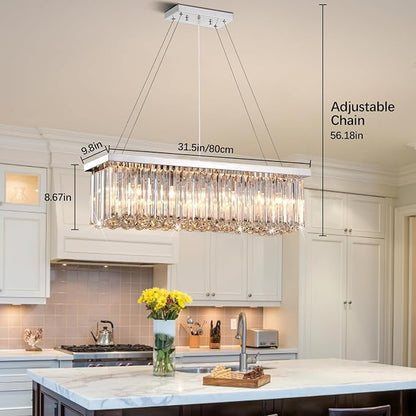 Modern Silver Rectangular Crystal Chandelier, Dining Room Chandeliers Over Table, Luxury Chrome Pendant Ceiling Light Fixtures for Kitchen Island, Living Room, Bar of CRYSTOP
