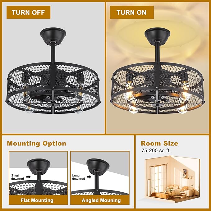 Depuley Caged Ceiling Fan with Light: 20" Black Small Fandelier Ceiling Fan with Remote - Farmhouse Fandelier with Fan Light Fixture for Low Profile Indoor Bedroon Kitchen Living Dining Room