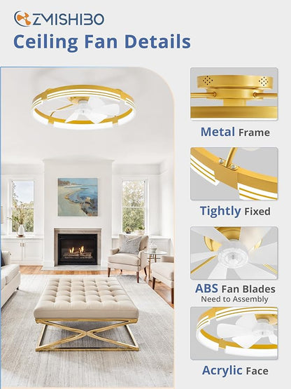ZMISHIBO 24 Inch Low Profile Ceiling Fans with Lights and Remote, 3000K-6000K Dimmable Fandelier LED Fan Light, Flush Mount Ceiling Fan with Light, 6 Wind Speeds Ceiling Fans for Bedroom- Gold
