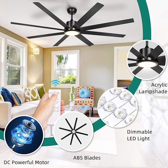 YITAHOME 72 Inch Ceiling Fans with Lights and Remote Control for Home, Reversible Quiet DC Motor, 8 Blades with 6 Speed, Modern Black Ceiling Fans for Living Room