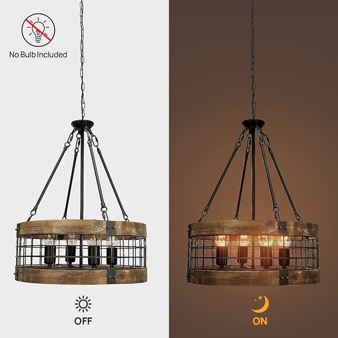 ACNKTZ Farmhouse Rustic Chandelier Light Fixture, 4-Light Round Hanging Pendant Lighting for Dining Room Entryway Kitchen Island Foyer Breakfast Area, Black Wood and Black Metal Finish