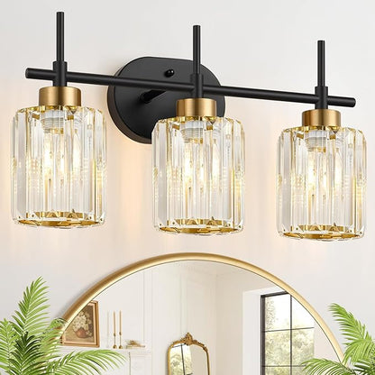Modern Crystal Bathroom Vanity Light, 3-Light Black & Gold Vanity Lighting Fixture with Clear K9 Crystal Shades, Adjustable Up/Down Installation, E26 Base (Bulbs Not Included)