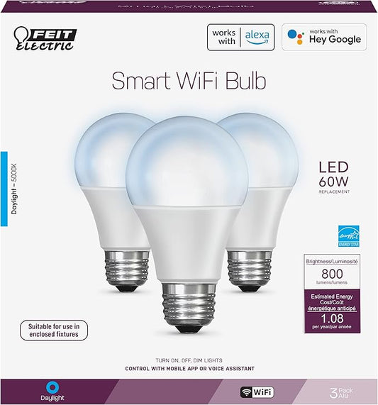 Feit Electric OM60/950CA/AG/3 60 Watt Equivalent WiFi Dimmable, No Hub Required, Alexa or Google Assistant A19 LED Smart Light Bulbs, 4.4" H x 2.4" D, 5000K Daylight, 3 Count