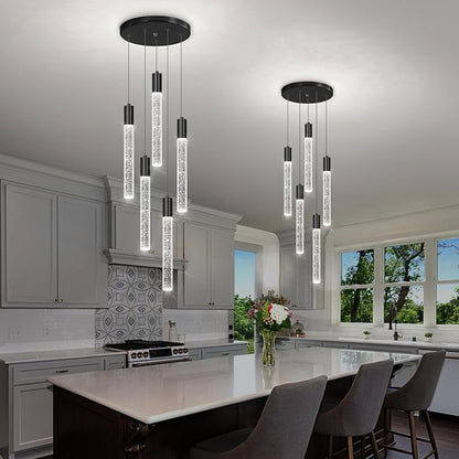 HAIXIANG 5-Lights Chandelier Modern Crystal Glam Light Remote Dimmable Pendant Lighting for Kitchen Island Dining Room Matte Black Light
