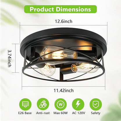 2 Pack Farmhouse Ceiling Light - 12 Inch Big Dimmable Rustic Black Flush Mount E26 Industrial Ceiling Modern Led Light for Hallway Bathroom Kitchen Bedroom (Black, 12 Inch)