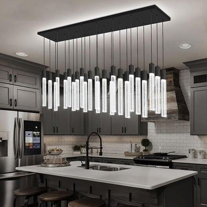 24-Light Rectangular Crystal Chandelier, Large Black Bubble Crystal Column Pendant Light, Adjustable Height Hanging Chandeliers for Kitchen Island, Living Room, Foyer