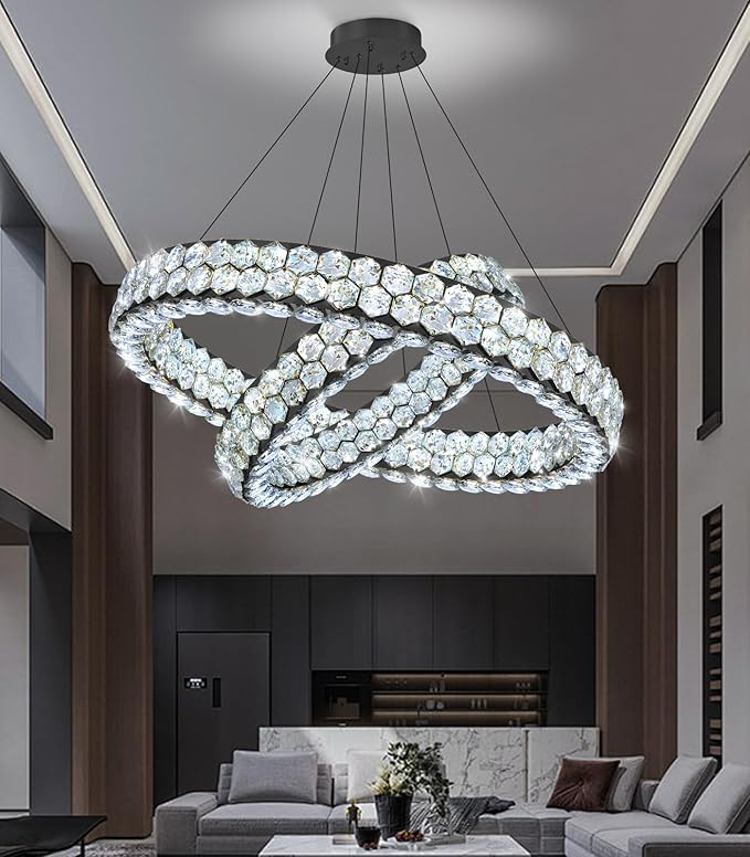 2 Rings Crystal Chandeliers for Dining Room for Living Room Bedroom High Ceiling Light Fixture LED Dimmable with Remote Ring Lights Black