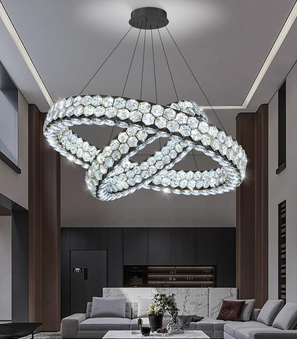 2 Rings Crystal Chandeliers for Dining Room for Living Room Bedroom High Ceiling Light Fixture LED Dimmable with Remote Ring Lights Black