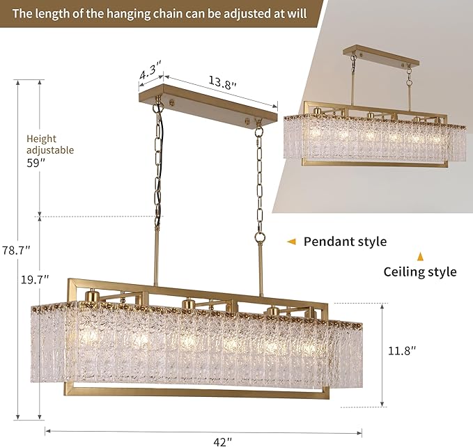 42" Gold Crystal Modern Chandelier for Dining Room, Chandeliers with Water Ripple Glass, Adjustable Chain Length,Luxury Rectangular Pendant Light Fixture for Kitchen Island Living Room