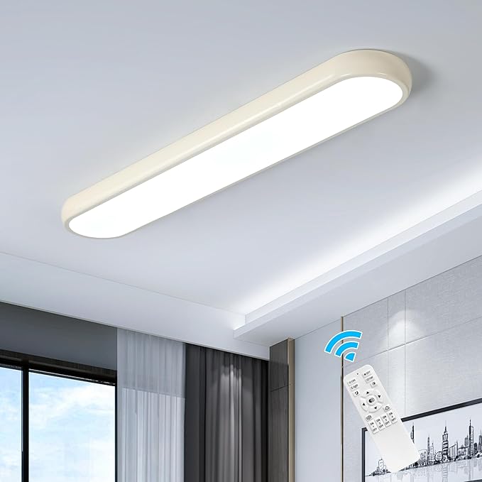 Qcyuui Dimmable LED Ceiling Light with Remote,39.4 in Long Ceiling Light Fixture,Modern Flush Mount Ceiling Lamp,Kitchen Lighting Fixtures Ceiling for Office Bedroom Hallway(Cream/48W)