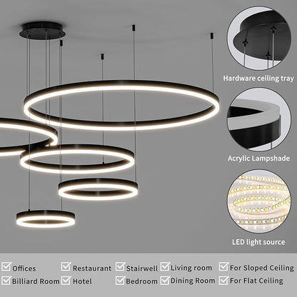 Mikeru Modern 5 Ring Chandelier Light, LED Pendant Light Fixtures with Remote Control 3000k-6500K Adjustable Color Temperature Light for Living Room, Kitchen (11.8+15.7+23.6+31.5+39.5in)