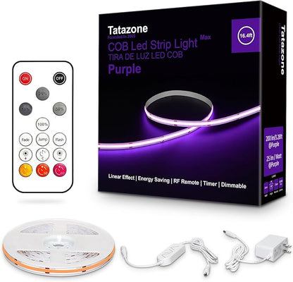 Tatazone 16.4ft Purple COB Led Strip Lights with Remote, Dimmable Bright Dotless Adhesive Indoor Led COB Light Strip for Cabinet, Painting, Room, Bed