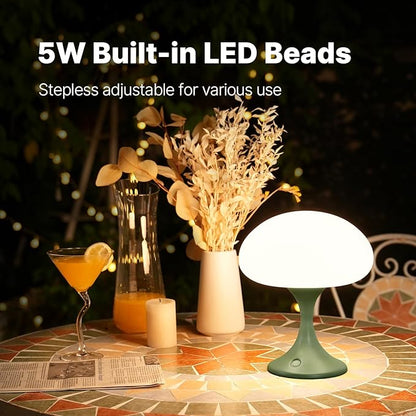 MAGCHARM Mushroom Lamp, 5W LED Cordless Rechargeable Table Lamp with Glass Shade, Small Retro Dimmable Touch Light with 3 Color Temps, Aesthetic Mid Century Bedside Light for Bedroom Ambient, Green