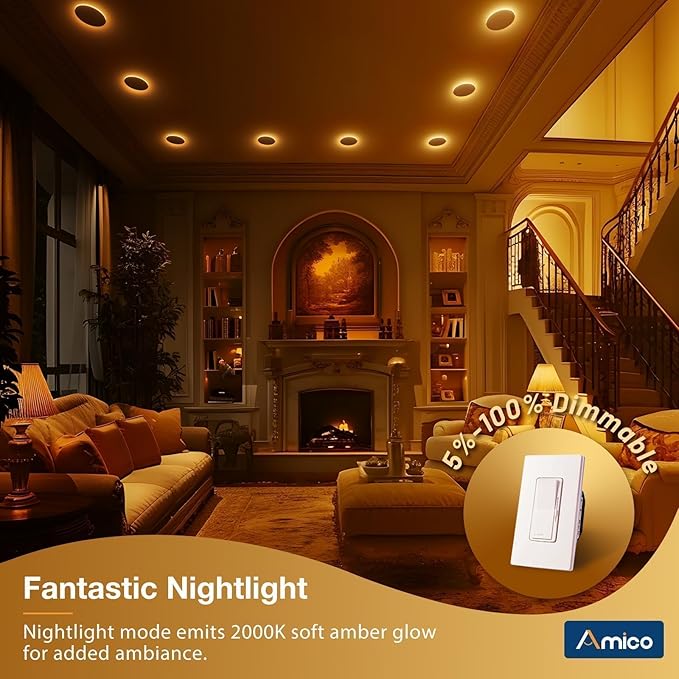 Amico 20 Pack 6 Inch 5CCT LED Recessed Ceiling Light with Night Light, 2700K/3000K/3500K/4000K/5000K Selectable Ultra-Thin Recessed Lighting, 12W=110W, 1100LM, Dimmable Canless Wafer Downlight ETL&FCC