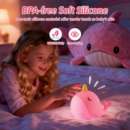 Narwhal Night Light for Kids, Portable Squishy Kawaii Lamp, USB Rechargeable Silicone LED Dimmable RGB Ocean Lamp with Timer, Birthday Cute Gifts for Boys Girls Bedroom/Nursery Decor
