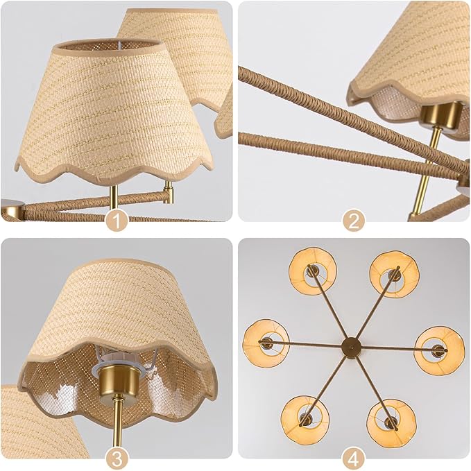 39" Boho Rattan Chandelier, 6-Lights Rustic Industrial Pendant Light Fixtures with White Woven Shade, Adjustable Height Farmhouse Large Pendant Lighting for Kitchen Dining Living Room, E26