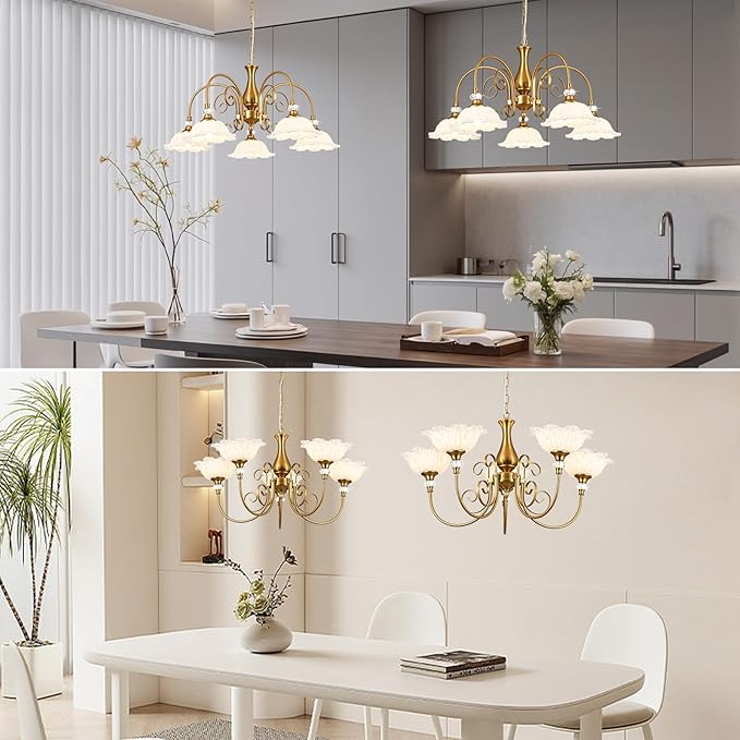 5-Light Vintage Chandeliers in Matte Brass Finish with White Glass Shades, Retro Chandelier Light for Dining Room, Hallway, Kitchen