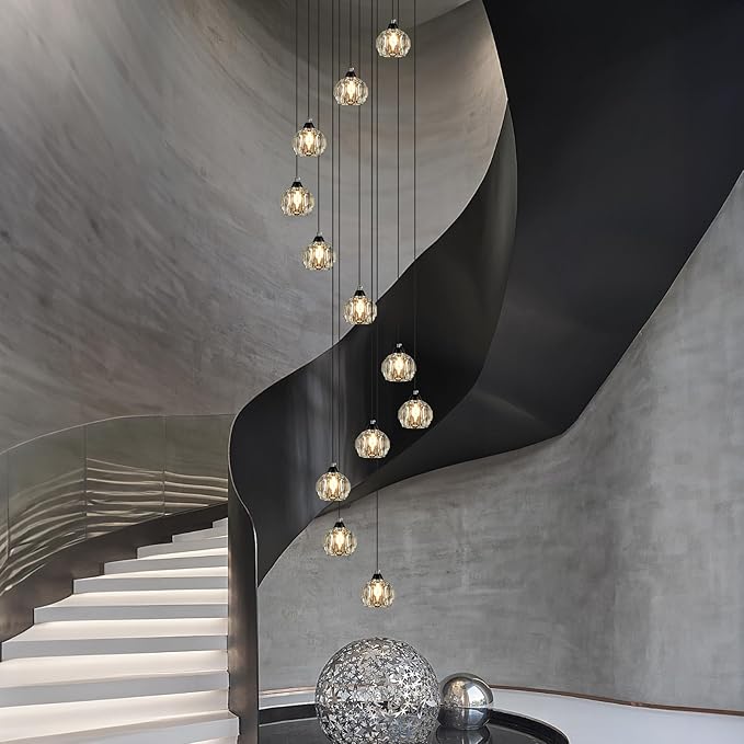 Weesalife Crystal Chandeliers for Staircases, 12-Light Black Modern Chandeliers for High Ceilings，Crystal Pendant Light Fixture for Living Room Kitchen Island Foyer Hallway Bar