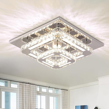 FRIXCHUR 12" Crystal Ceiling Light Crystal Chandelier LED Square Flush Mount Ceiling Light 2-Layer K9 Crystal Ceiling Fixture for Bedroom Living Room Dining Room Hallway Staircase Kitchen Closet