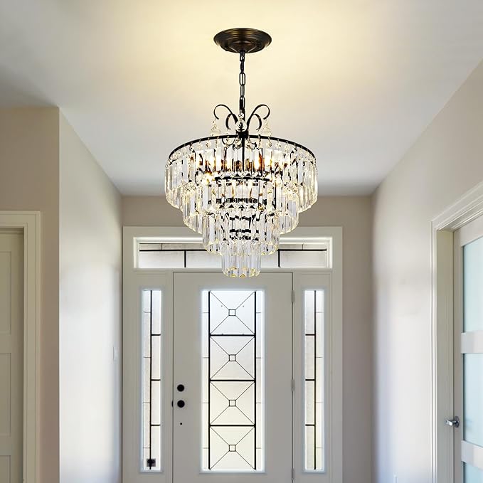 Black Crystal Chandeliers,4 -Lights Modern Crystal Chandelier for Dining Room,4 Tiers Small Chandeliers for Living Room Bedroom Kitchen Entryway E12 Base