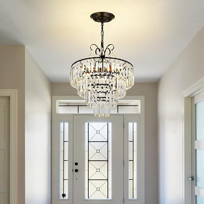 Black Crystal Chandeliers,4 -Lights Modern Crystal Chandelier for Dining Room,4 Tiers Small Chandeliers for Living Room Bedroom Kitchen Entryway E12 Base