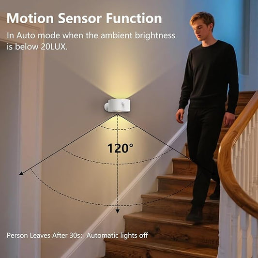 Deyagoo Motion Sensor Wall Light Indoor, Battery Operated Sconce 360°Rotate, Rechargeable Cordless Night Light, Touch Dimmable 3 Brightness, UP Down LED Wall Lamp for Stairs, Closet, Bedroom, Bathroom