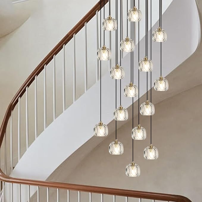 Round Crystal Chandelier, Large Farmhouse Hanging Lamps High Ceiling, Modern Brass Raindrop Pendant Light Fixtures for Dining Room Staircase Living Room
