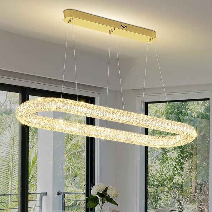 LED Crystal Ring Chandelier, 47.2'' Gold Crystal Ring Pendant Light for Kitchen Island Modern Linear Oval Chandeliers for Dining Room Dimmable 3000K-6000K