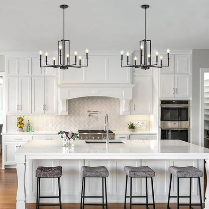 Modern Black Chandelier, Farmhouse Candle Dining Room Chandeliers, Metal Hanging Pendant Light Fixture for Kitchen, Foyer, Bedroom, Living Room, Staircase, Entryway, 8-Light