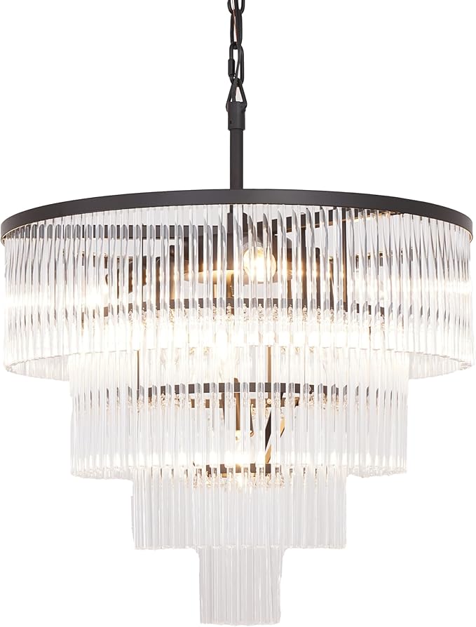 Modern Multi-Tier Crystal Chandelier 4-Tier Round Black Finish Ceiling Light -Cylindrical Glass Rods -Dining Room Living Room Bedroom Entryway -Luxury Lighting Fixture 20''