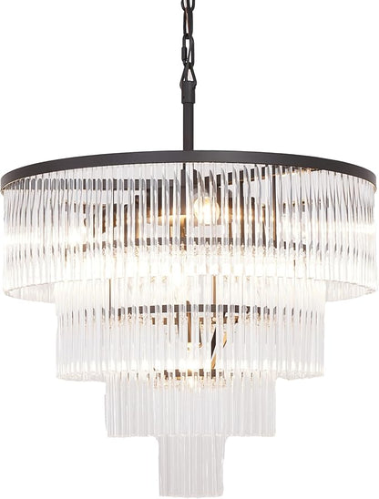 Modern Multi-Tier Crystal Chandelier 4-Tier Round Black Finish Ceiling Light -Cylindrical Glass Rods -Dining Room Living Room Bedroom Entryway -Luxury Lighting Fixture 20''