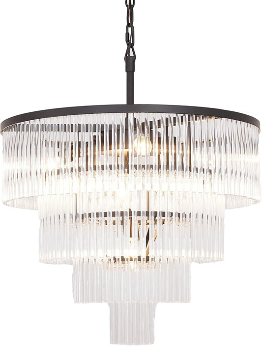 Modern Multi-Tier Crystal Chandelier 4-Tier Round Black Finish Ceiling Light -Cylindrical Glass Rods -Dining Room Living Room Bedroom Entryway -Luxury Lighting Fixture 20''