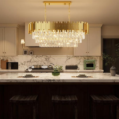 32" Modern Rectangle Crystal Chandelier for Dining Room, 8-Light Gold Crystal Raindrop Chandeliers, Adjustable Height Chandelier for Staircase, Living Room, Foyer